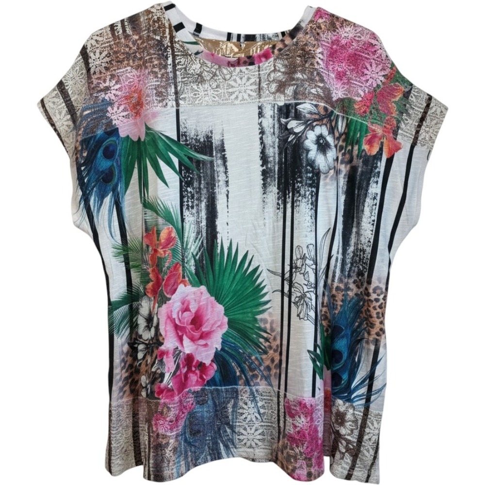 Avenue Plus Size 30/32 Floral Leopard‎ Peacock Stripe Lace Trim Top Multicolor